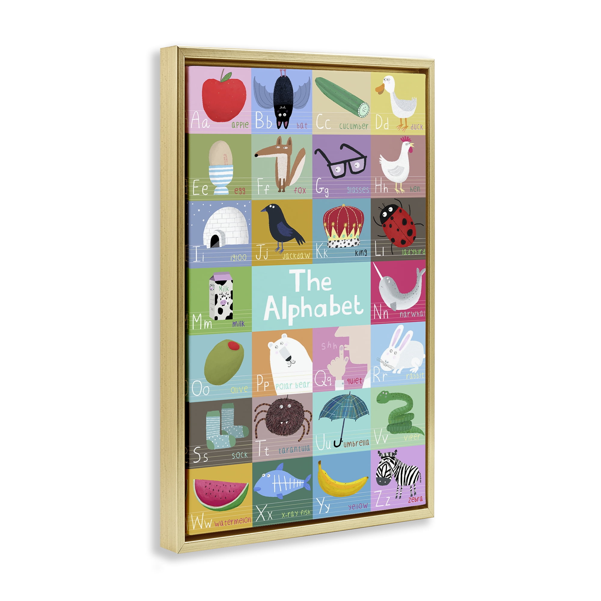 Stupell Industries First Words Alphabet Gold Framed Floater Canvas Wall Art, design by Carla Daly