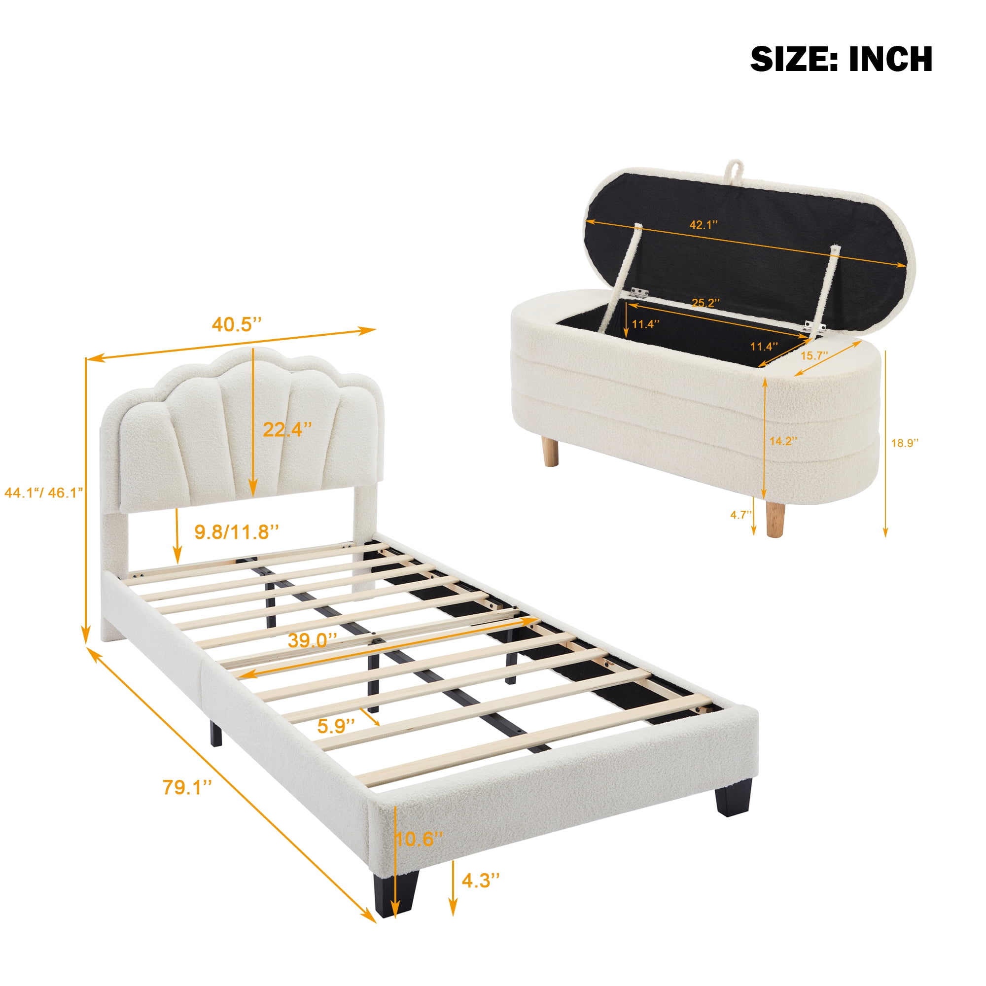 Euroco 2 Pieces Bedroom Set, Upholstery Twin Size LED Platform Bed with Storage Ottoman for Bedroom, Beige