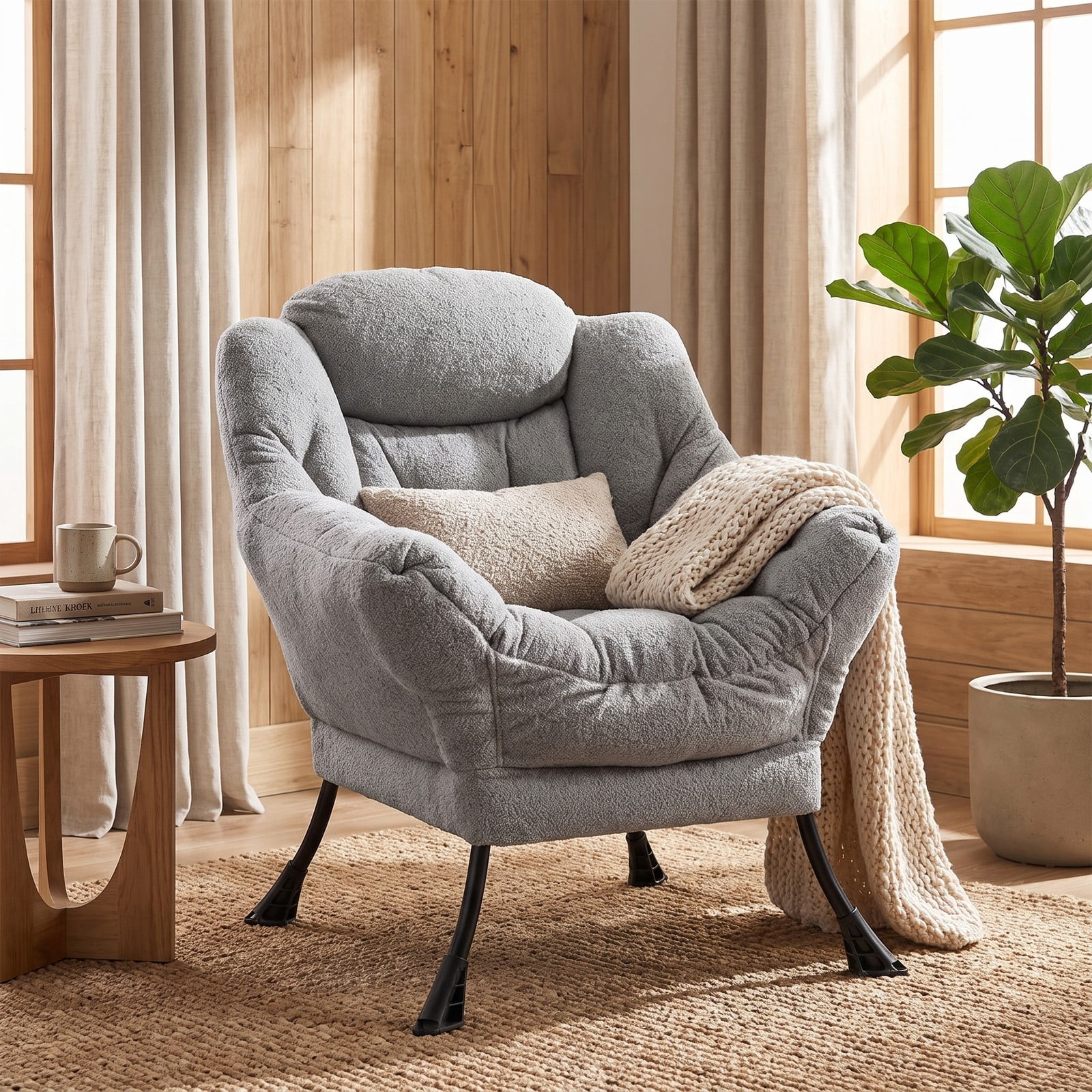 Furnibear Sherpa Upholstered Accent Chair with Cozy Head Pillow, Button Tufted Single Sofa Armchair with Side Pocket for Living Room Bedroom Home Office, 330 lbs, Gray