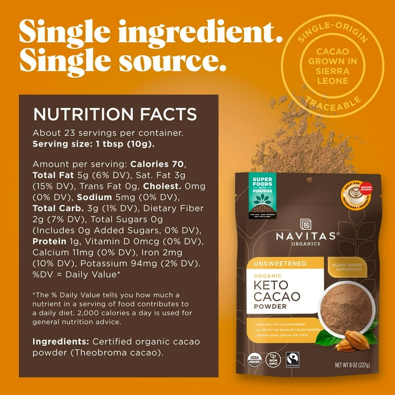 Navitas Organics Keto Cacao Powder, 8 oz. Bag, 15 Servings
