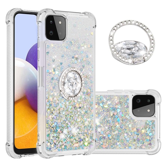 Funda para Samsung Galaxy A22 5G con Brillo Líquido Flotante, Purpurina, Parachoques y Anillo Giratorio Soporte