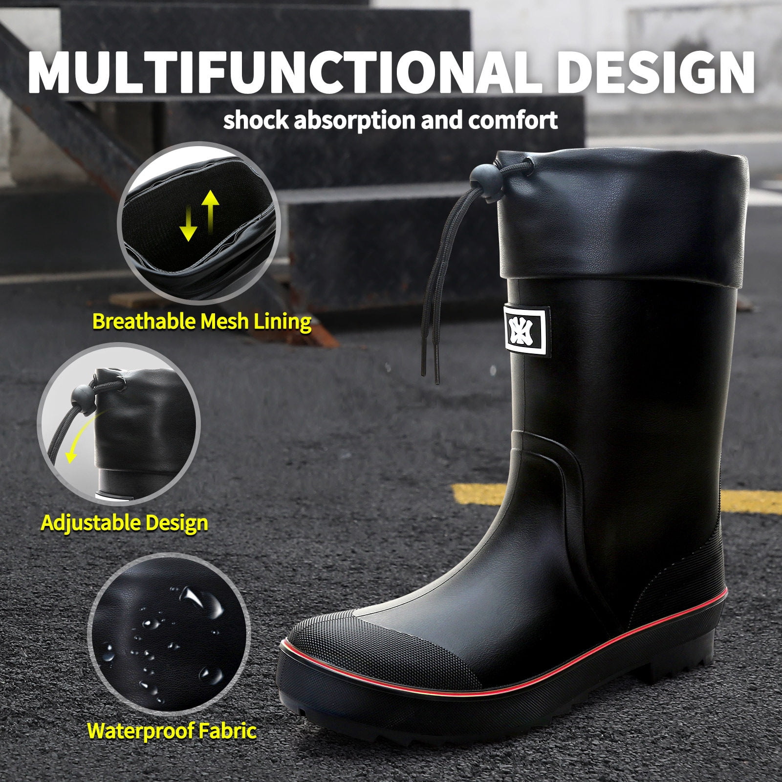 Lcamaw Rubber Rain Boots for Men, Waterproof Men’s Deck Boots with Adjustable Closure, Comfort Lightweight Work Mud Boots, Anti-Slip Mid-Calf Fishing Boots for Farming Gardening Hiking Outdoor