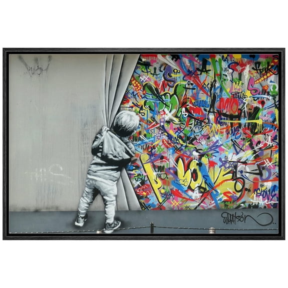 wall26 Framed Canvas Print Wall Art Banksy British Artist Kid Spray Paint Curtain Illusion Graffiti & Street Art Urban Illustrations Modern Art Boho for Living Room, Bedroom, Office - 24"x36