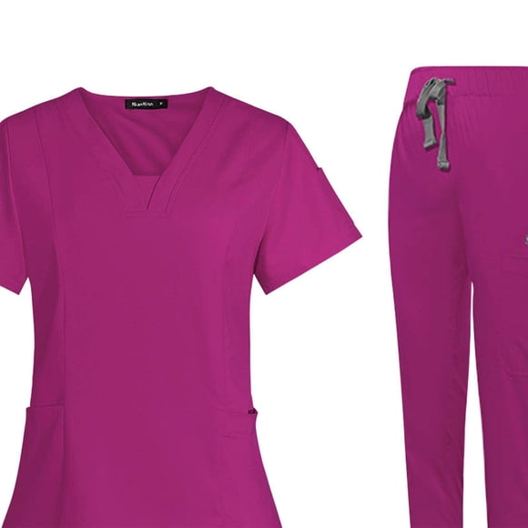 Female Scrub Set Nurse v neckline Machine Washable Short Suit Parlour Jogger Sleeves Suit M Rose Red