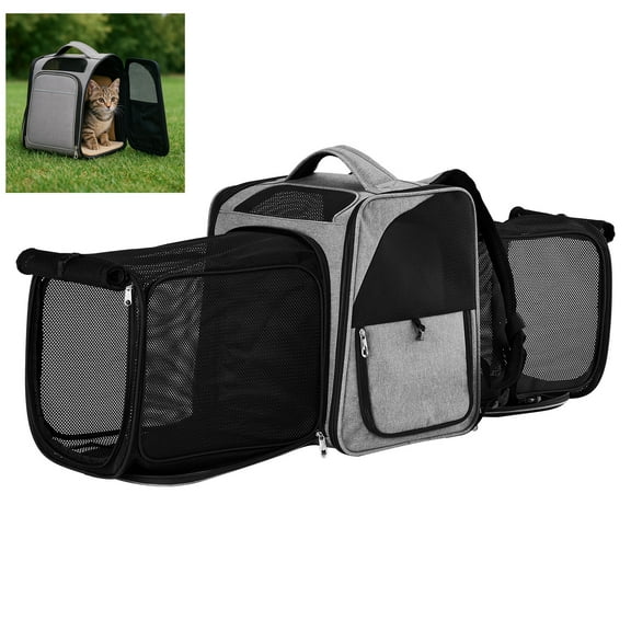 Expandable Pet Carrier Backpack for Cats & Small Dogs, Airline Approved Soft-Sided Travel Carrier with Front & Back Extension, Breathable Mesh, Escape-Proof Leash, Holds up to 26 lbs, Gray