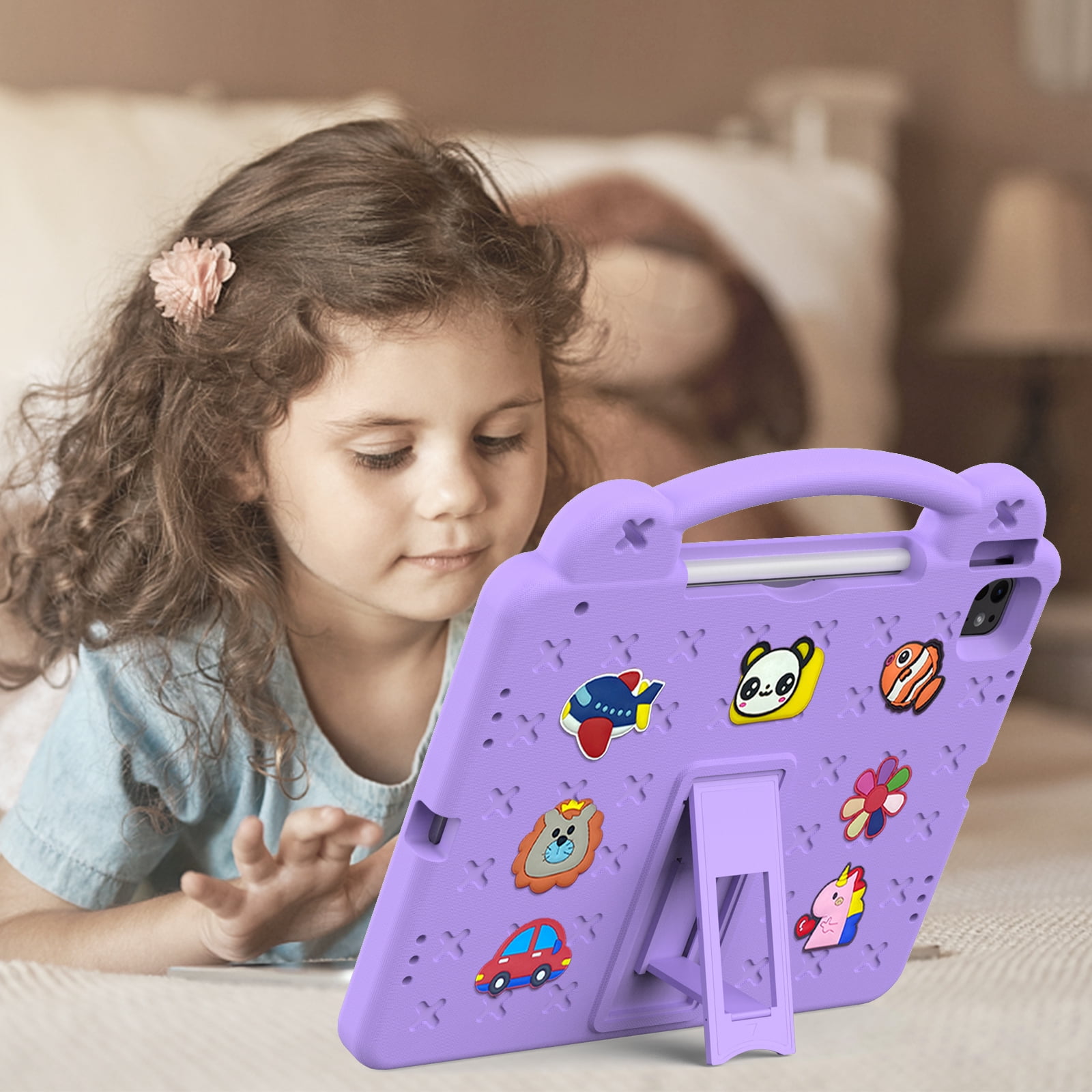 Nalacover Cartoon Handle Case for Apple iPad Air 11 inch 2024 Case, EVA Foam Cute Pattern with Pencil Holder Kickstand Cute Shockproof PC Case for iPad Pro 11 inch 2024, Lightpurple