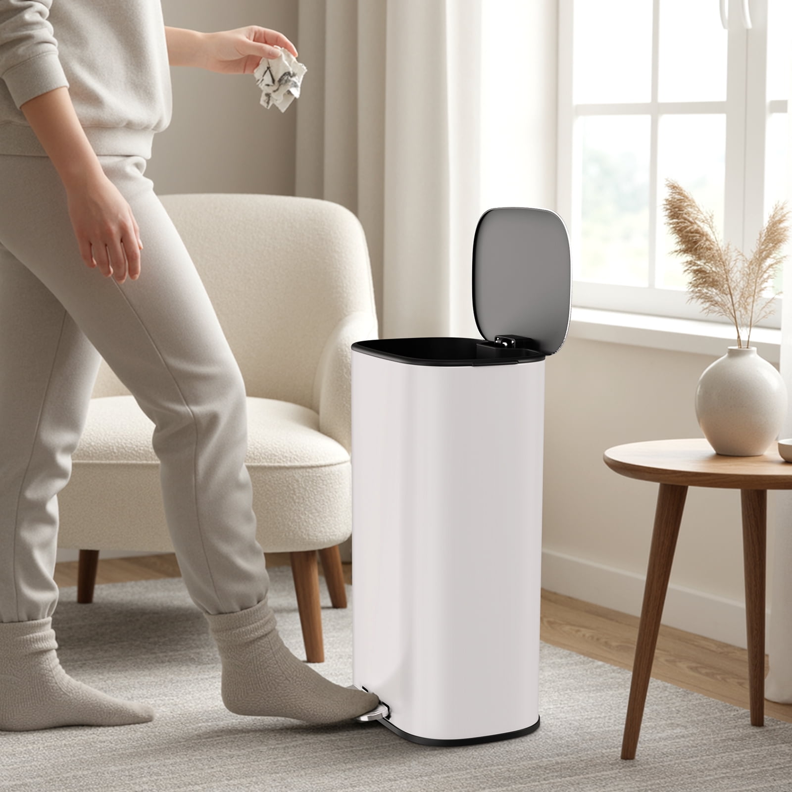 Arlopu 8 Gallon Step Trash Can, Stainless Steel Garbage Bin with Soft-Close Lid for Kitchen, Home, White
