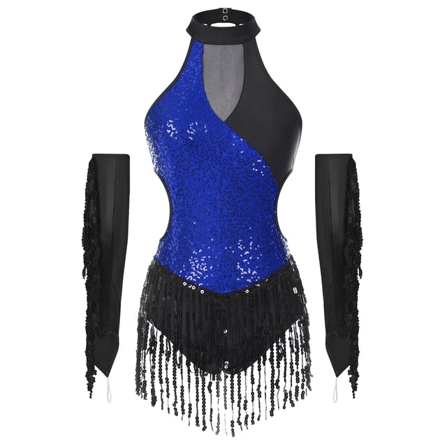 TiaoBug Tenue de Danse Latine à Franges pour Femmes Justaucorps Brillant avec Gants Robe de Danse de Salon Bleu Royal m