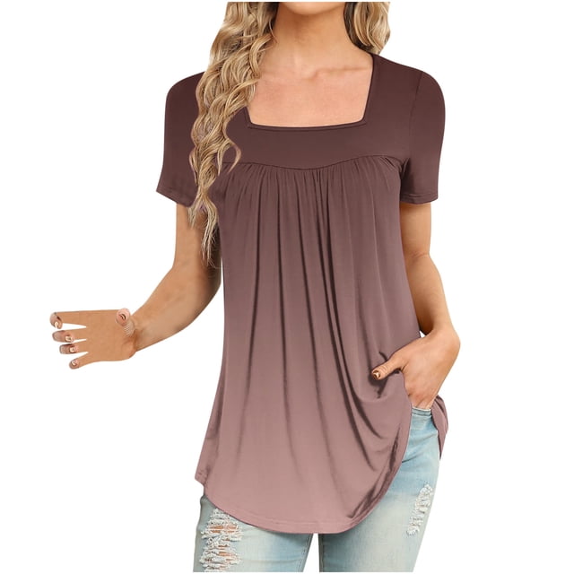 Jgppe Tunique pour Femmes Col Carré Doux Fluide Manches Courtes Blouses d'Été pour Femmes