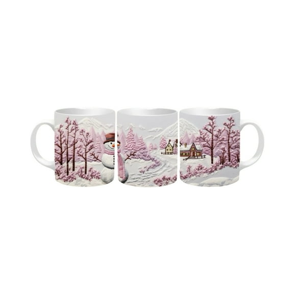 Christmas Snowman Collection 11oz Mug Handmade, Sublimated with Embroidery Illusion, Home Decor. (Pink #3)