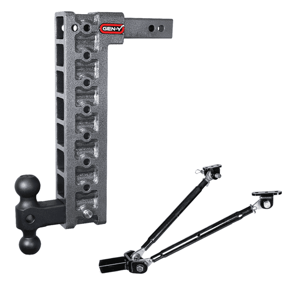 GEN-Y GH-318 MEGA-DUTY Adjustable 17.5" Drop Hitch with GH-031 Dual-Ball, GH-0100 Stabilizer Kit for 2" Receiver - 10,000 LB Towing Capacity - 1,500 LB Tongue Weight