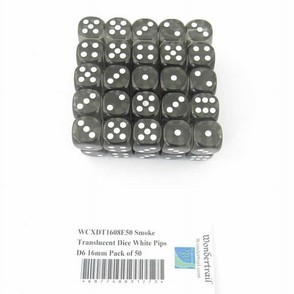 Smoke Translucent Dice with White Pips D6 16mm (5/8in) Pack of 50 Wondertrail