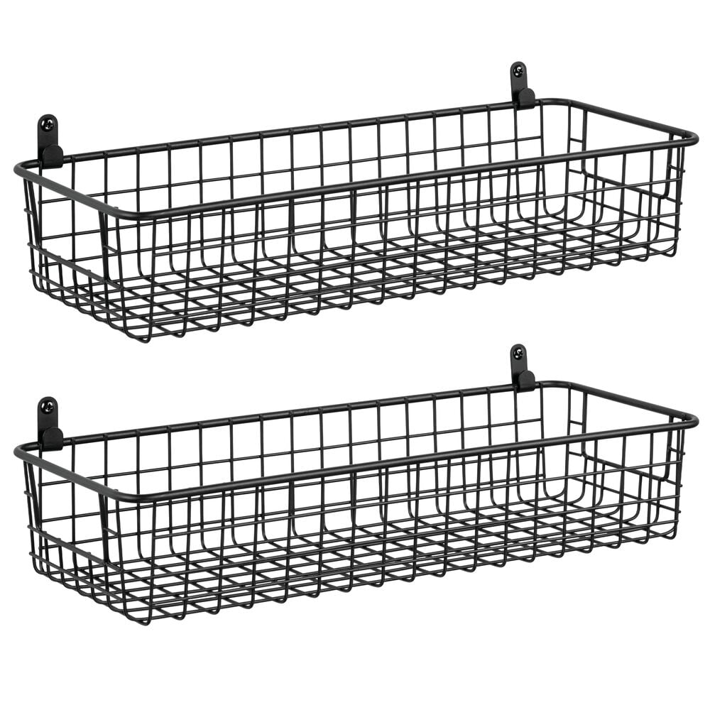 Laundry Rooms mDesign Hanging Storage Basket — Wall-Mounted Wire Basket for Organising Hallways Bedrooms — Multipurpose Organiser Tray for The Home — Set of 2 — Black 