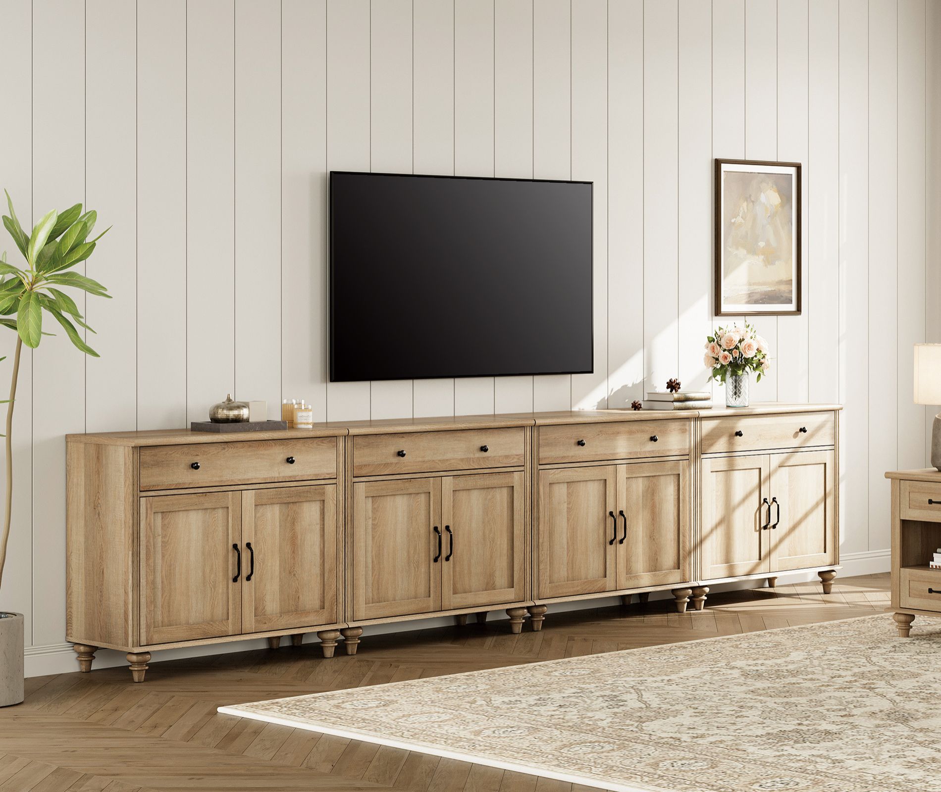 Oak Farmhouse TV Stand for 85 inch TV with 8 Doors and 4 Drawers