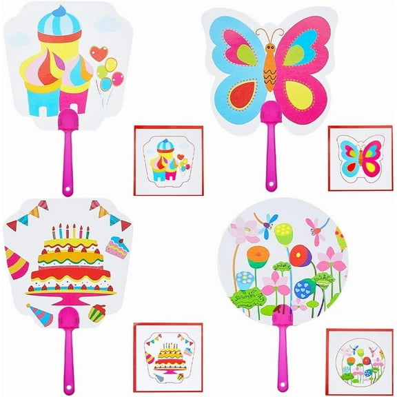 16Pcs 4 Styles Handheld Paper Fans Butterfly Flower Cake Castle Pattern One Side Blank Hand Held Fan with Plastic Handle