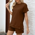 thumbnail image 2 of CheerKidz 2 Piece Outfits for Fashion Women's Solid Loose Casual Short Sleeve Round Neck Blouses Shorts High Waisted Sweatpants Set(Brown,2XL), 2 of 6