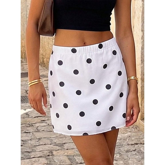 White Polka Dot Mini Skirt With Elastic Waist, Bodycon Fit For Casual Wear