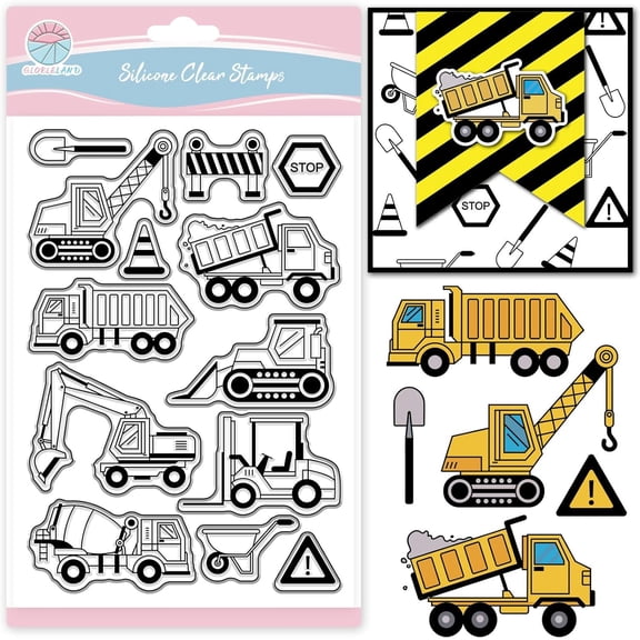 Engineering Vehicle Clear Stamps for Scrapbooking Excavator Bulldozer Silicone Stamps Crane Road Trolley Car Sentiment Transparent Stamp for Card Making DIY Embossing Journaling Colorful