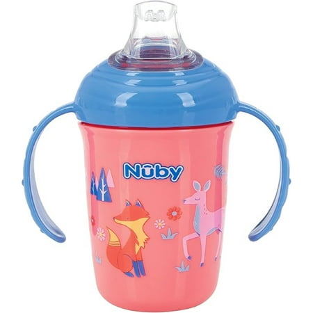Nuby 2-Handle No-Spill Printed Trainer Cup with Soft Spout and Hygienic Cover - 8oz/ 240 ml, 4+ Months, 1 pk Pink with Woodlands Print