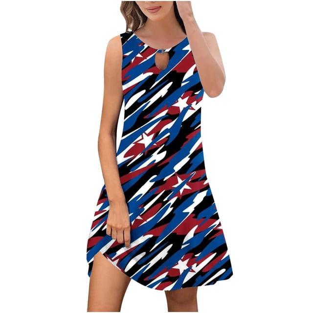 Robe d'Été pour Femmes avec Manches Mode d'Été pour Femmes Jour de l'Indépendance Imprimé Col Rond Sans Manches Robe Chandail Robe d'Été Courte pour Femmes Robe d'Été à Manches Courtes