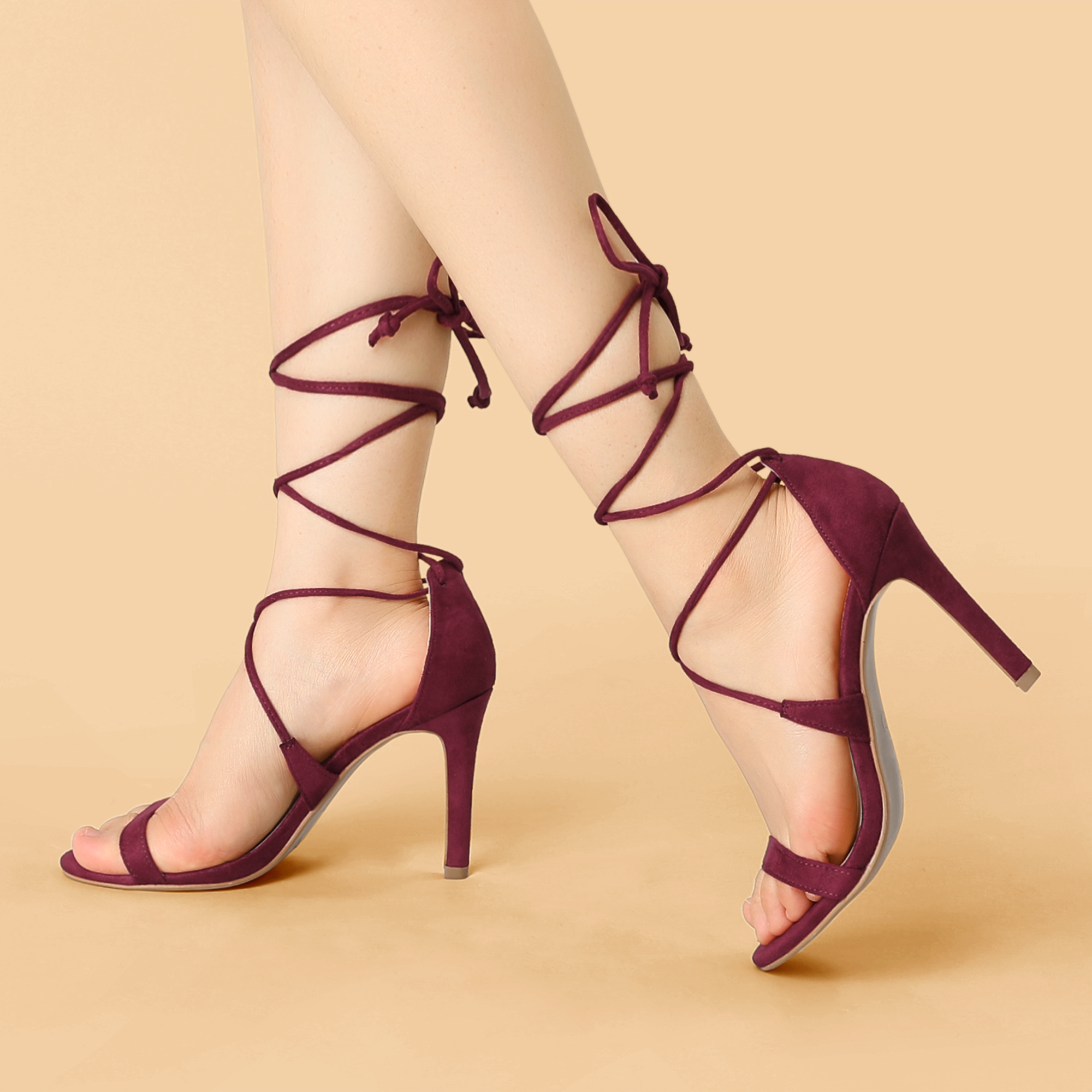 DARING DIVA Women Open Toe Stiletto High Heel Lace-Up Black Sandals 9 Burgundy