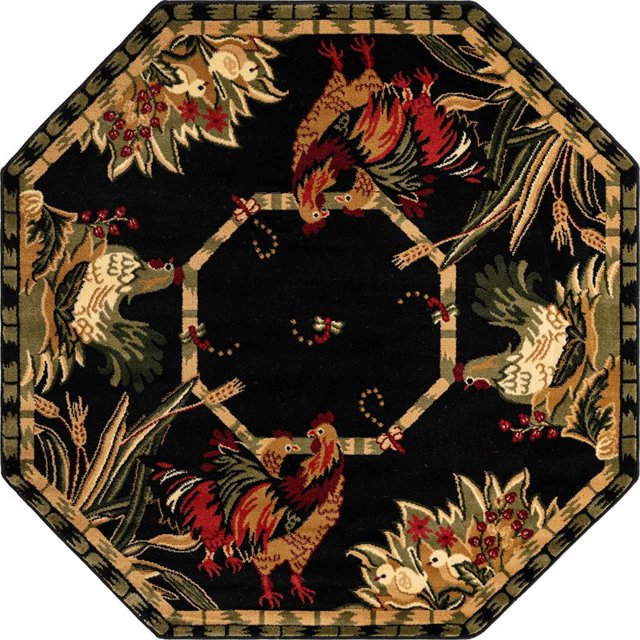 Unique Loom Barnyard Rooster Design Area Rug 5' x 5' Octagon Black/Ivory