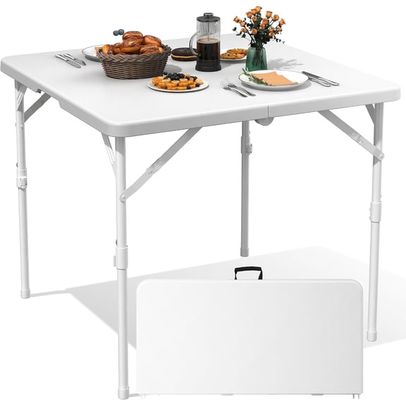 34" Square Folding Table, Plastic Card Table with Carrying Handle, Fold-in-Half Utility Portable Dining Tables Indoor Outdoor for Kitchen, Party, Picnic, Camping, Office, Wedding, White
