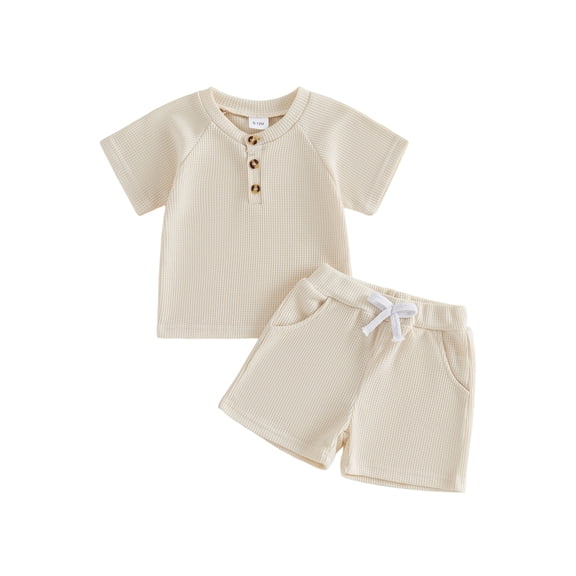 Loicainy Baby Toddler Boys Waffle Clothes Set 3 6 12 18 24 Months 2T 3T Short Sleeve Henley Neck T-shirt with Elastic Waist Shorts Summer Outfit