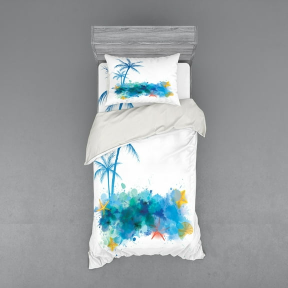 Ambesonne Beach Bedding Set 3 Pcs, Seashells Blue Palm Art, Twin XL, Blue White