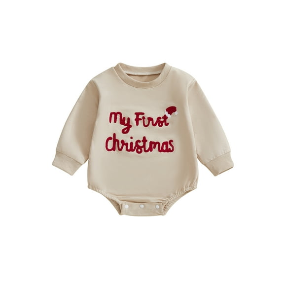 Miaouyo Infant Baby Boy Girl Christmas Rompers 0 3 6 12 18 Months Letters Embroidery Crew Neck Long Sleeve Jumpsuit