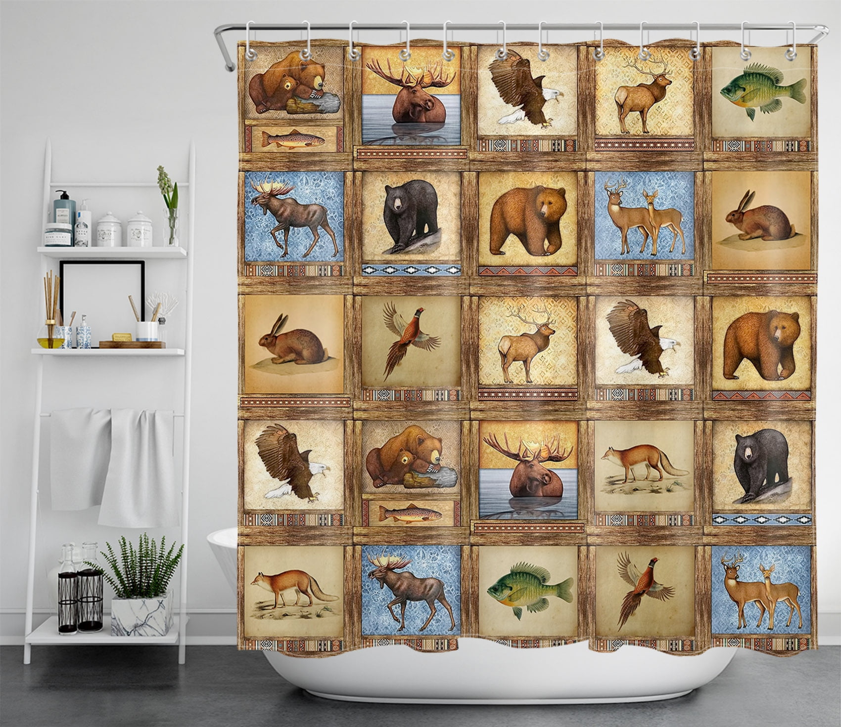HVEST Cabin WildLife Shower Curtain, Retro Farmhouse Cabin Animals Black Bear Elk Reindeer Fox