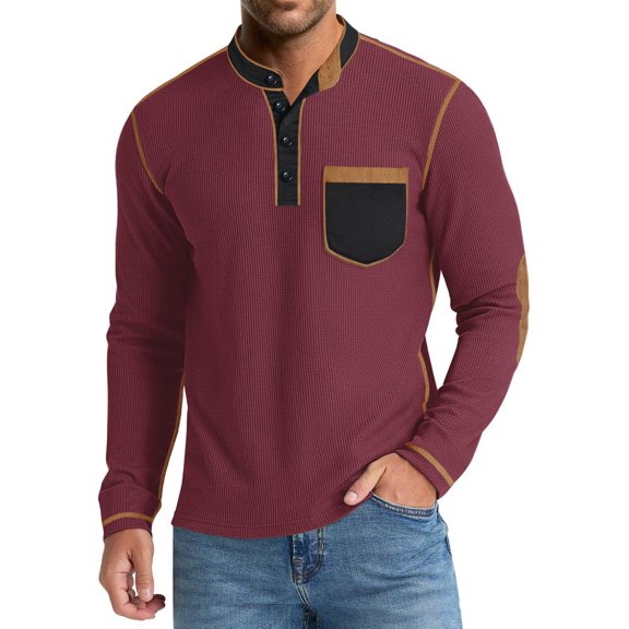 Men's Henley Shirts Long Sleeve Stand Collar Button Down Color Block T-Shirt Casual Stylish Pullover Tops With Pocket (XL, Wine)