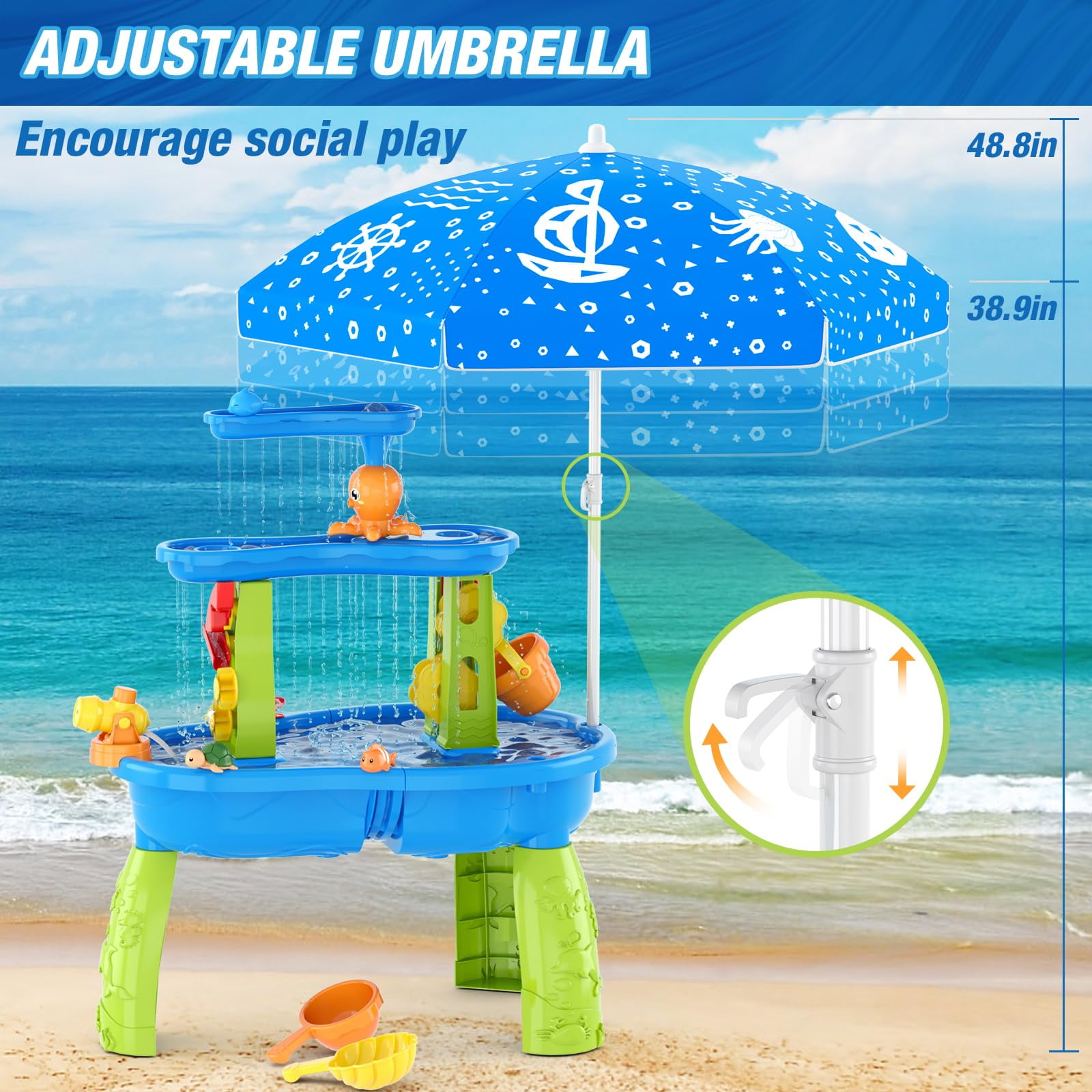 JoyStone 3-Tier Kids Sand Water Table with Umbrella, Outdoor Sensory Play Table Toy, 28.66" Tall, Summer Gift for Toddlers & Kids (Pump Not Included)