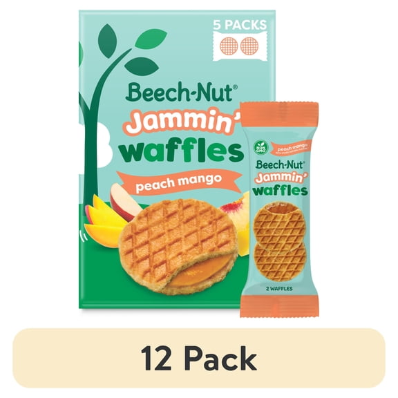 (12 pack) Beech-Nut Jammin' Waffles with Fruit Filling Toddler Snack, Peach Mango, 5 Pack