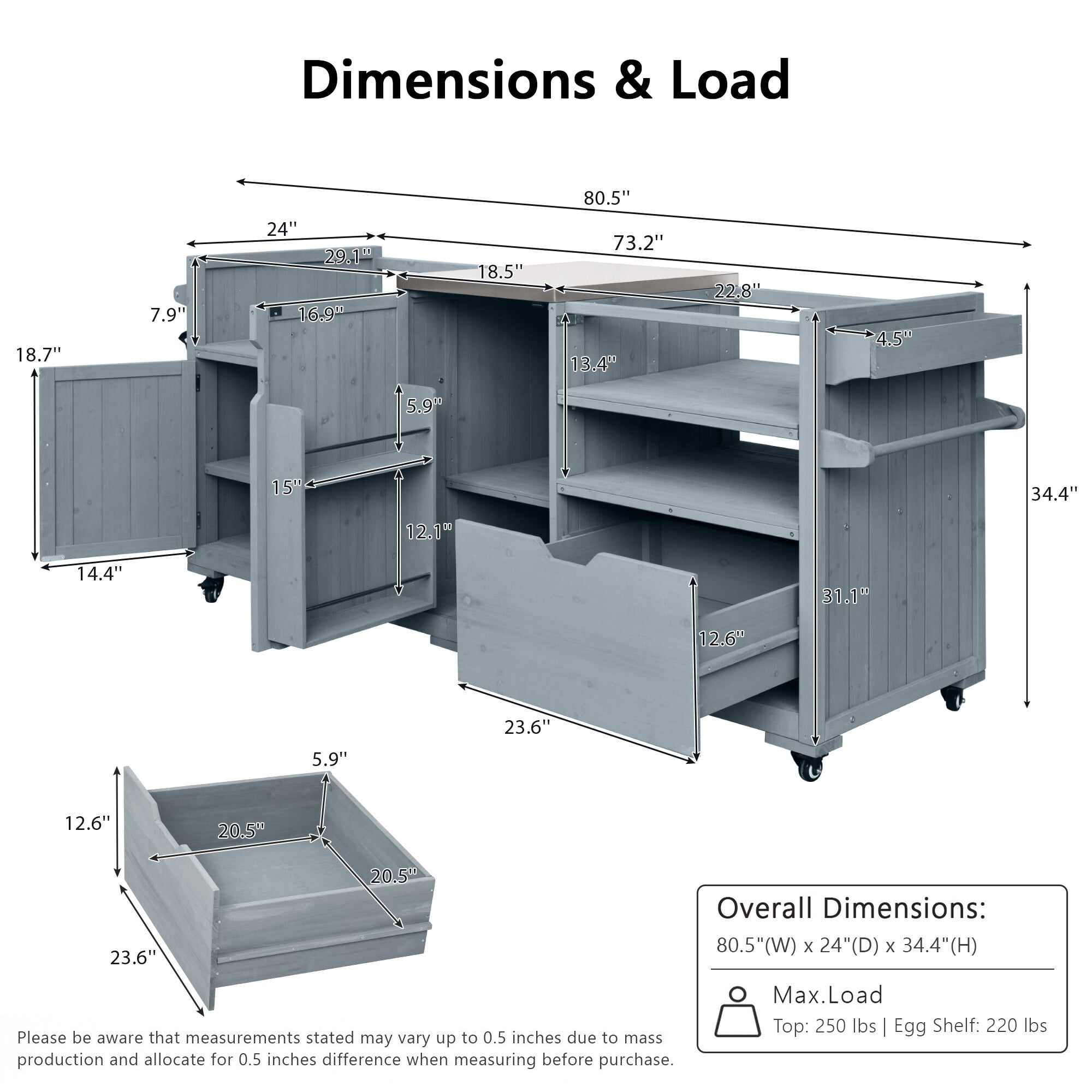 AENKYO 80.5" Outdoor Kitchen Island for Big Green Egg & Blackstone, Wood Grill Cart with Stainless Steel Top, Gray Blue