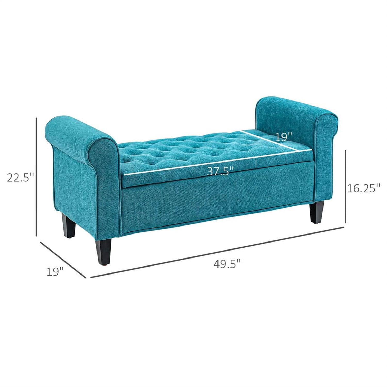 Demi Bonn 22" Storage Ottoman, Cozy Footrest End of Bed Bench with Rolled Arms, Wooden Legs, Tufted Bench, Bedside Bench, Blue