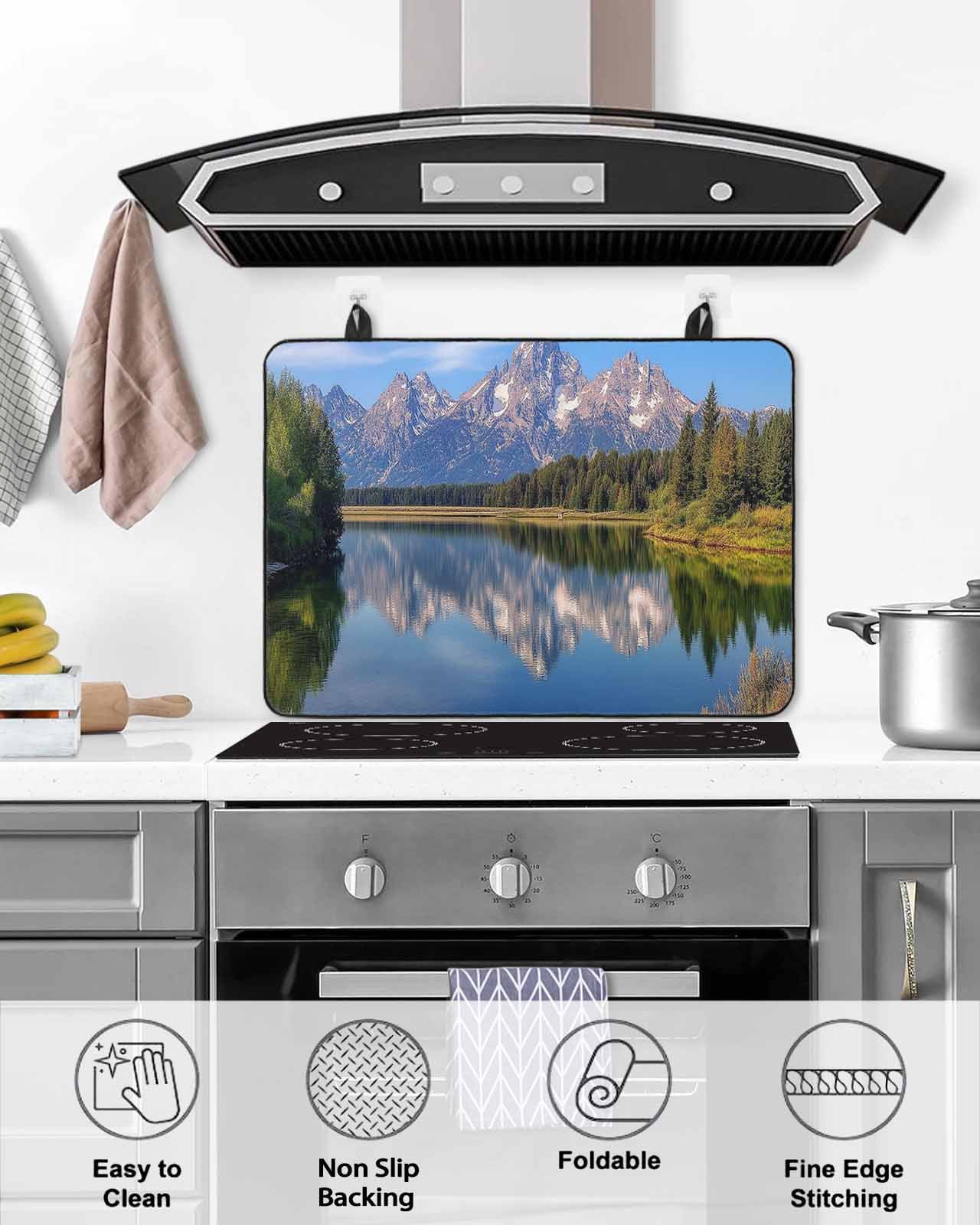 nqOlkjepod Large Induction Cooktop Protector Mat 24"x21", Blue Green Mountain Stove Top Covers for Electric Stove, Pastoral Modern Art Forest Stove Burner Cover Mats, Glass Top Stove Cover