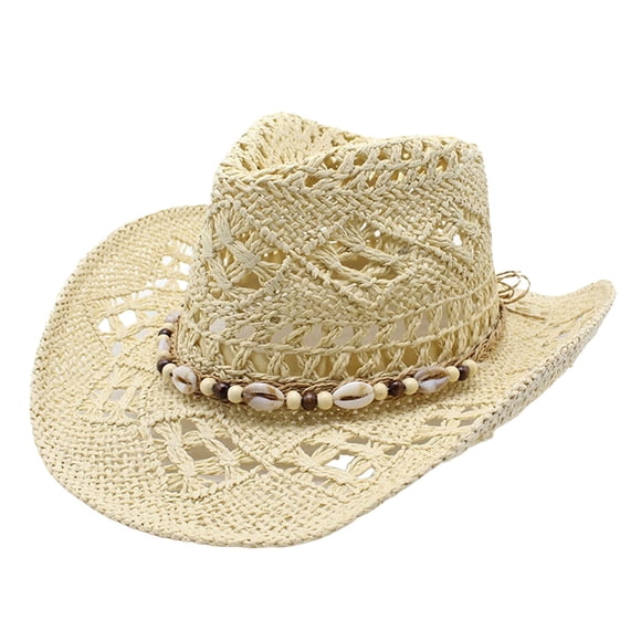 Aocisk Western Classic Cowboy Hat for Women Men Summer Shapeable Straw Sun Hat with Decorative Bands Beige One Size