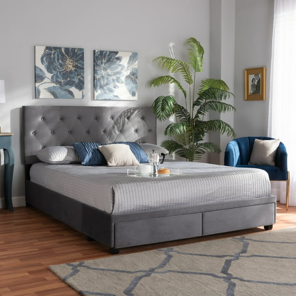 Baxton Studio Caronia Modern and Contemporary Grey Velvet Fabric Upholstered 2-Drawer King Size Platform Storage Bed