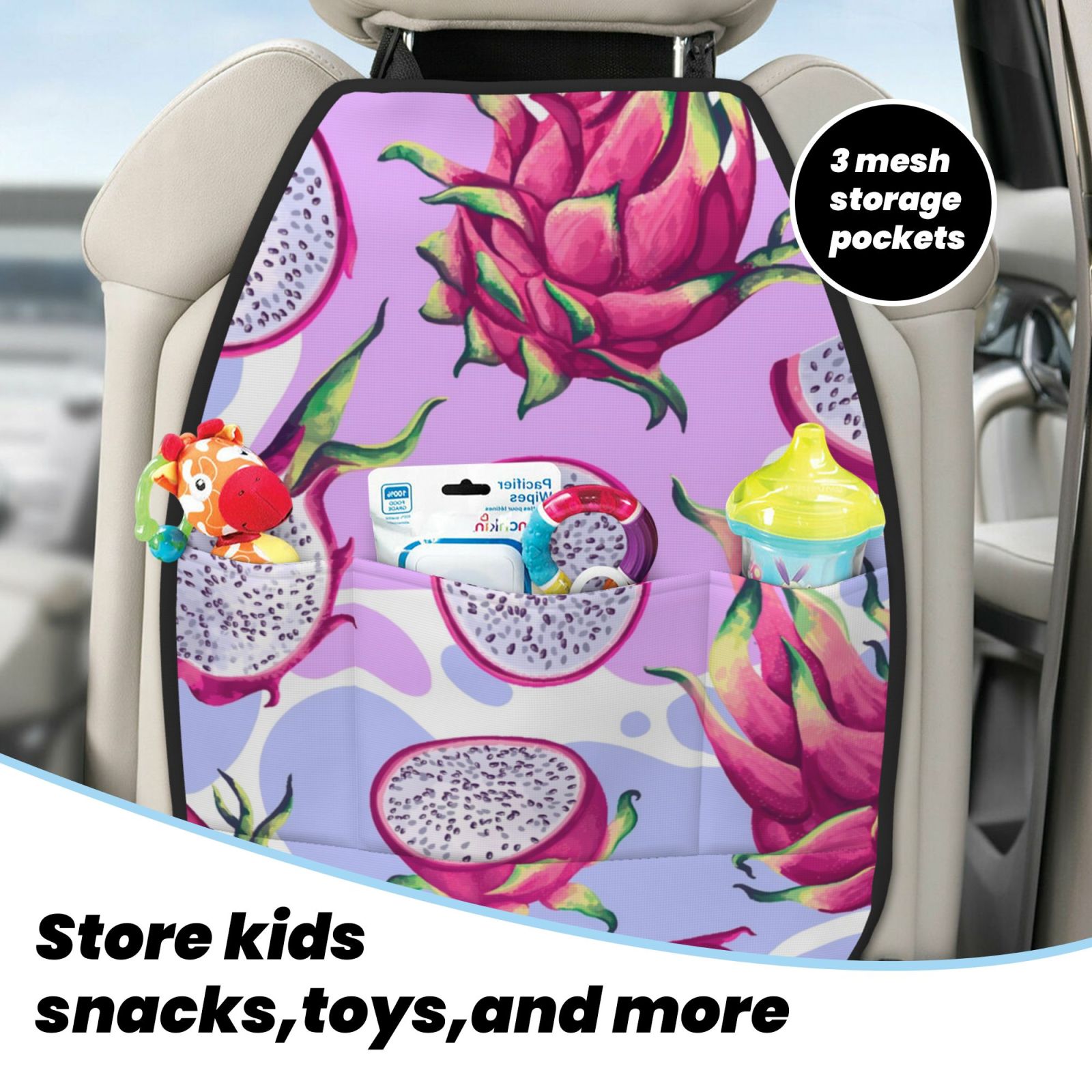 Kdxio Dragon Fruit Print 2 Pack Car Kick Mat Seat Cover Back Protector Mat with Pockets for Organizer Backseat Protector and Storage Anti Kick Pad for Vehicles