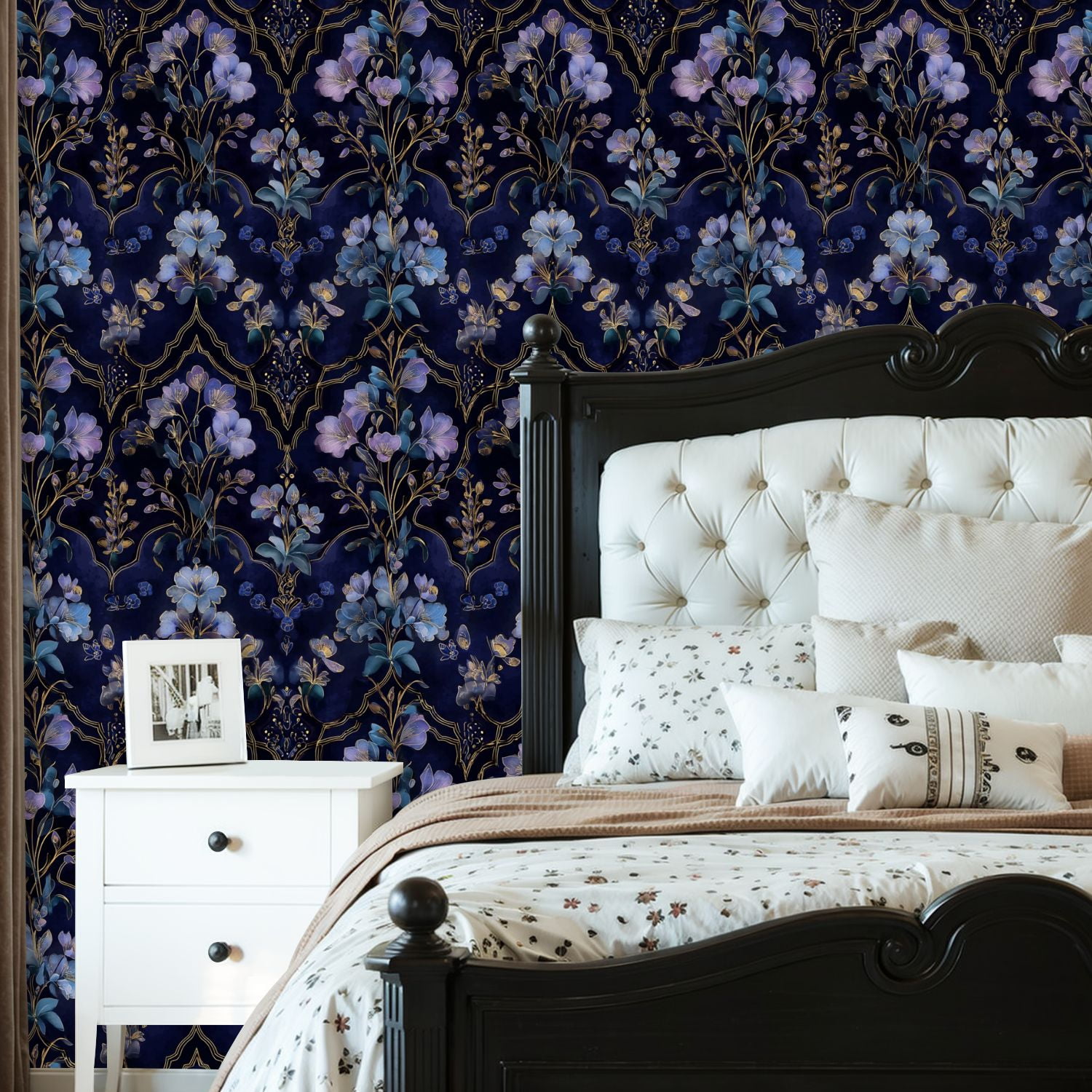 Boho Peel and Stick Wallpaper Elegant Blue Purple Floral Gold Accents Dark Wall Mural 23.6in x 9.8ft Self Adhesive Removable Wall Paper Renter Friendly Wallpaper for Nursery Bedroom Cabinets