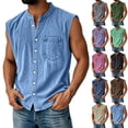 thumbnail image 2 of Mens Sleeveless Button Down Shirts Summer V Neck Washed Muscle Tank Tops Beach Basic T-Shirt Relaxed Fit Vest with Pockets,Blue,L, 2 of 6