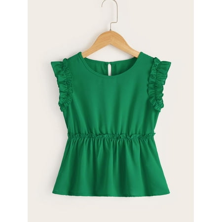 

Sleeveless Girls Keyhole Back Ruffle Detail Tops T Shirt S221904X Green 9Y(53IN)