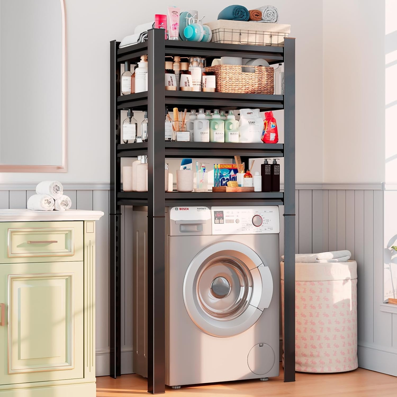 Laundry Room Storage Shelf, 2 Tier Metal Over Washer And Dryer Shelves, Washing Machine Shelf With Hanger Rods & Hooks, Expandable Bathroom Space Saver Shelf, 26–36.8" L X 18.3" W X - View #8