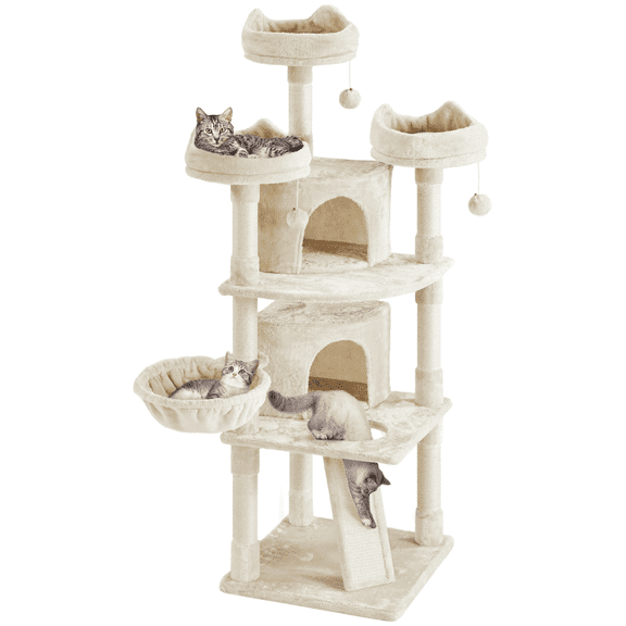 Alden Design 68.5"H Large Multilevel Cat Tree Tower with Condos and Perches, Cream