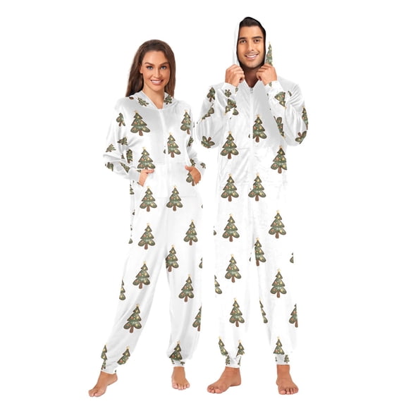 Adult Christmas Onesie Christmas Tree Semless Zipper One-Piece Pajamas Unisex with Pockets