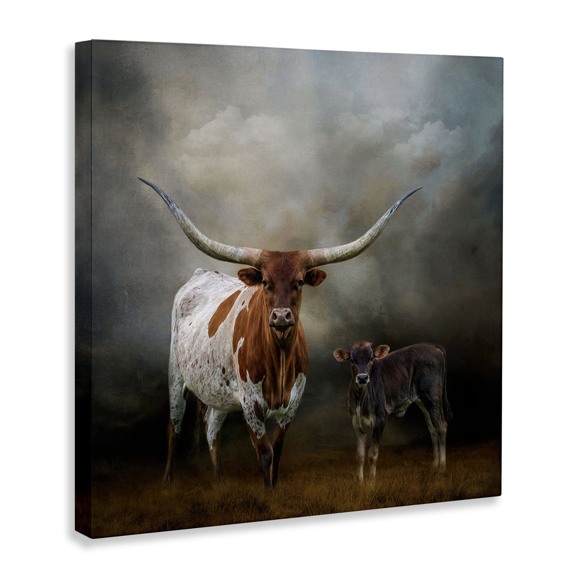 Stupell Industries Longhorn & Calf Babysitter Animals & Insects Painting Gallery Wrapped Canvas Art Print Wall Art, 24 x 24