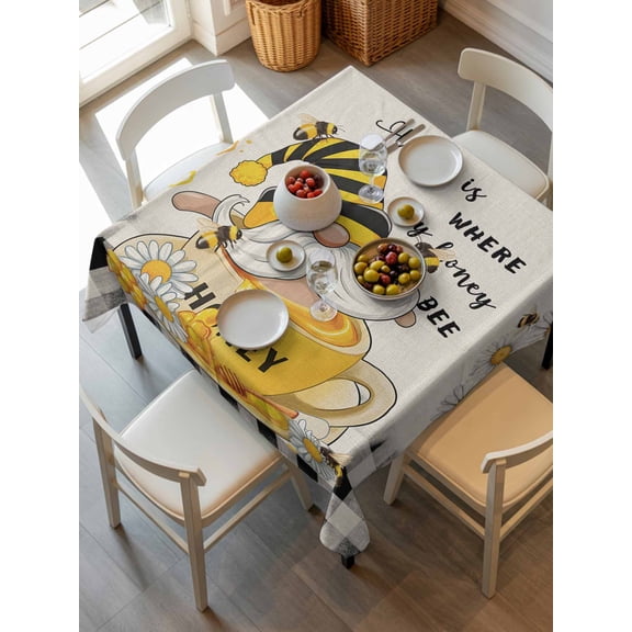 Yellow Gnomes Tablecloth Square Table Cloth 60x60, Waterproof Outdoor Table Cloth Covers Decorative Table Protector, Vintage Daisy Honey Plaid Flower Washable Table Cover for Kitchen Dinning Party
