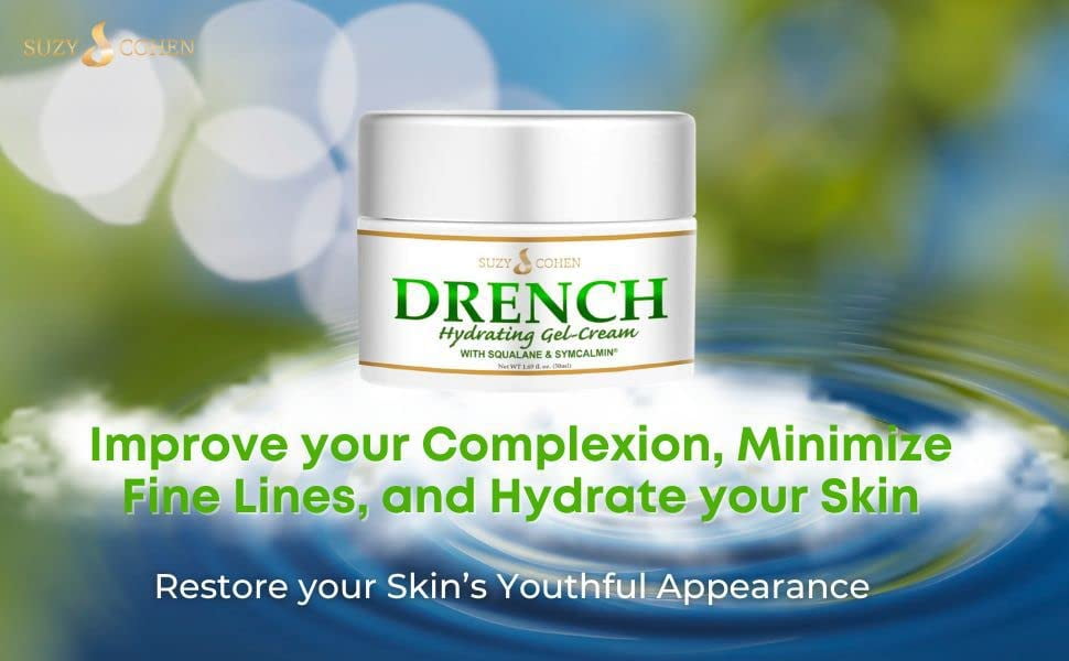 Suzy Cohen Drench Hydrogel Face Moisturizer for Women and Men. Soothes dry, itchy, dull skin and softens fine lines. Anti-aging face cream for dry skin with squalane