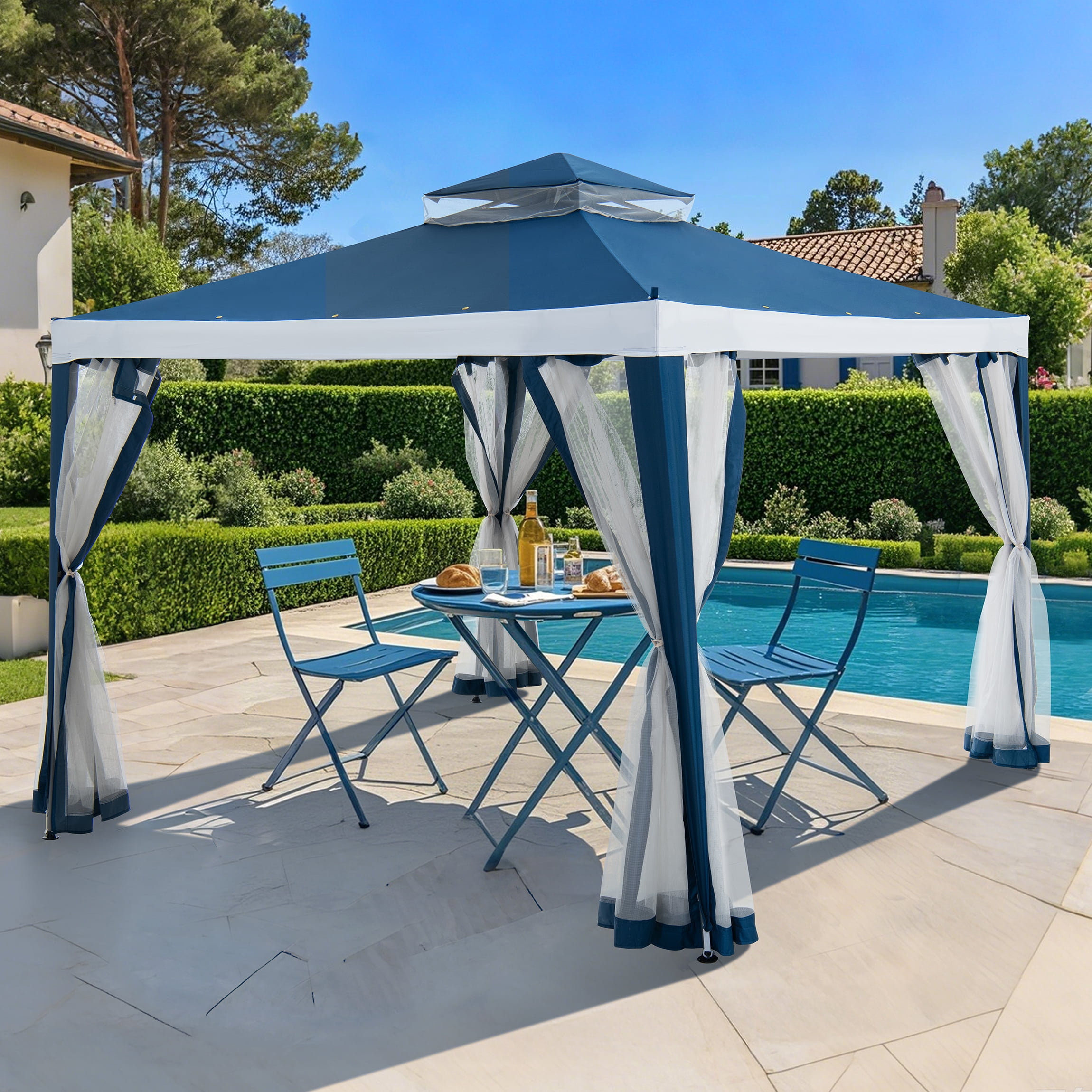 Sunjoy 10’ x 10’ Outdoor Patio Gazebo, Backyard Modern 2-Tier Steel Frame Soft Top Gazebo with Mesh Netting - Navy Blue & White